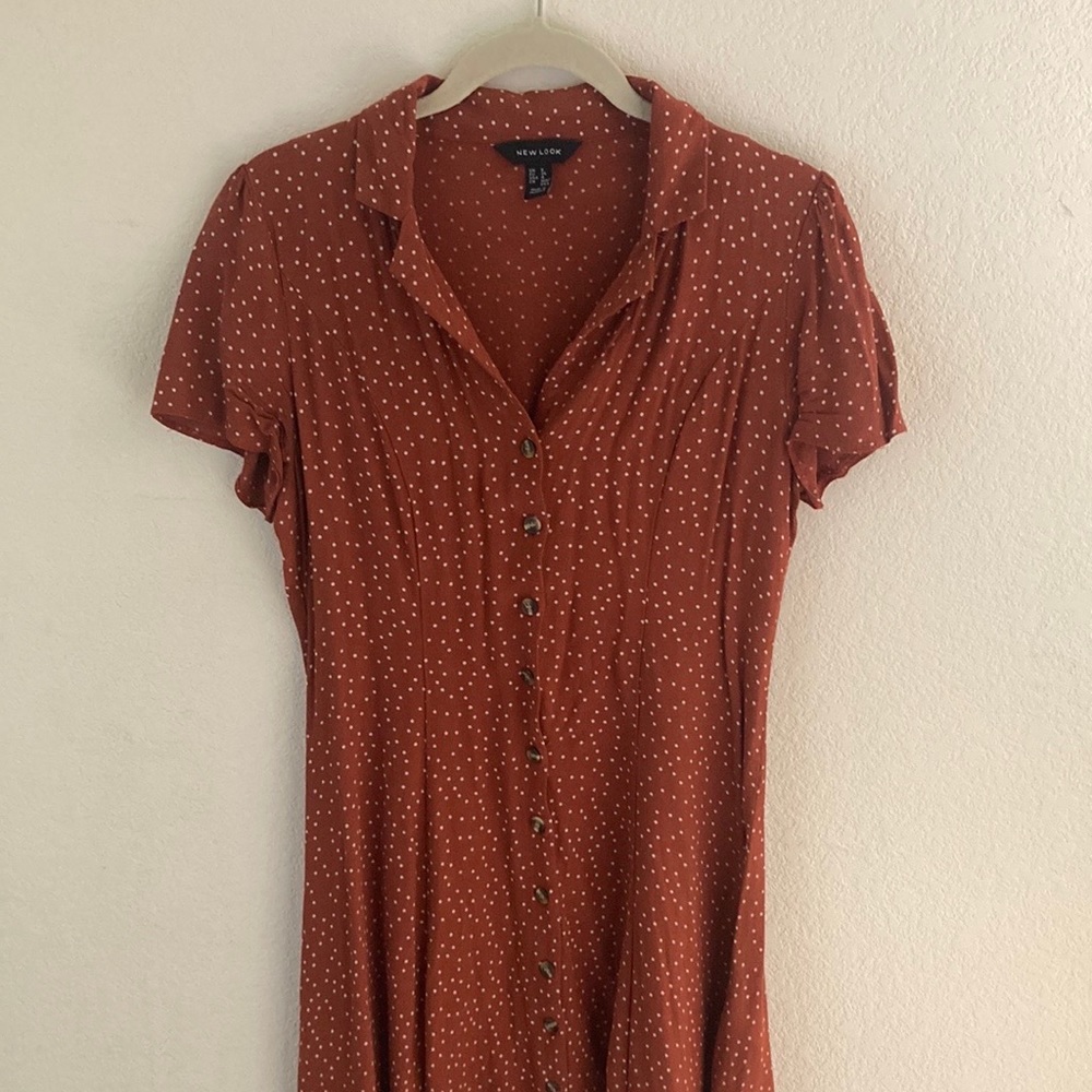 European New Look terracotta polka dot dress, size 4